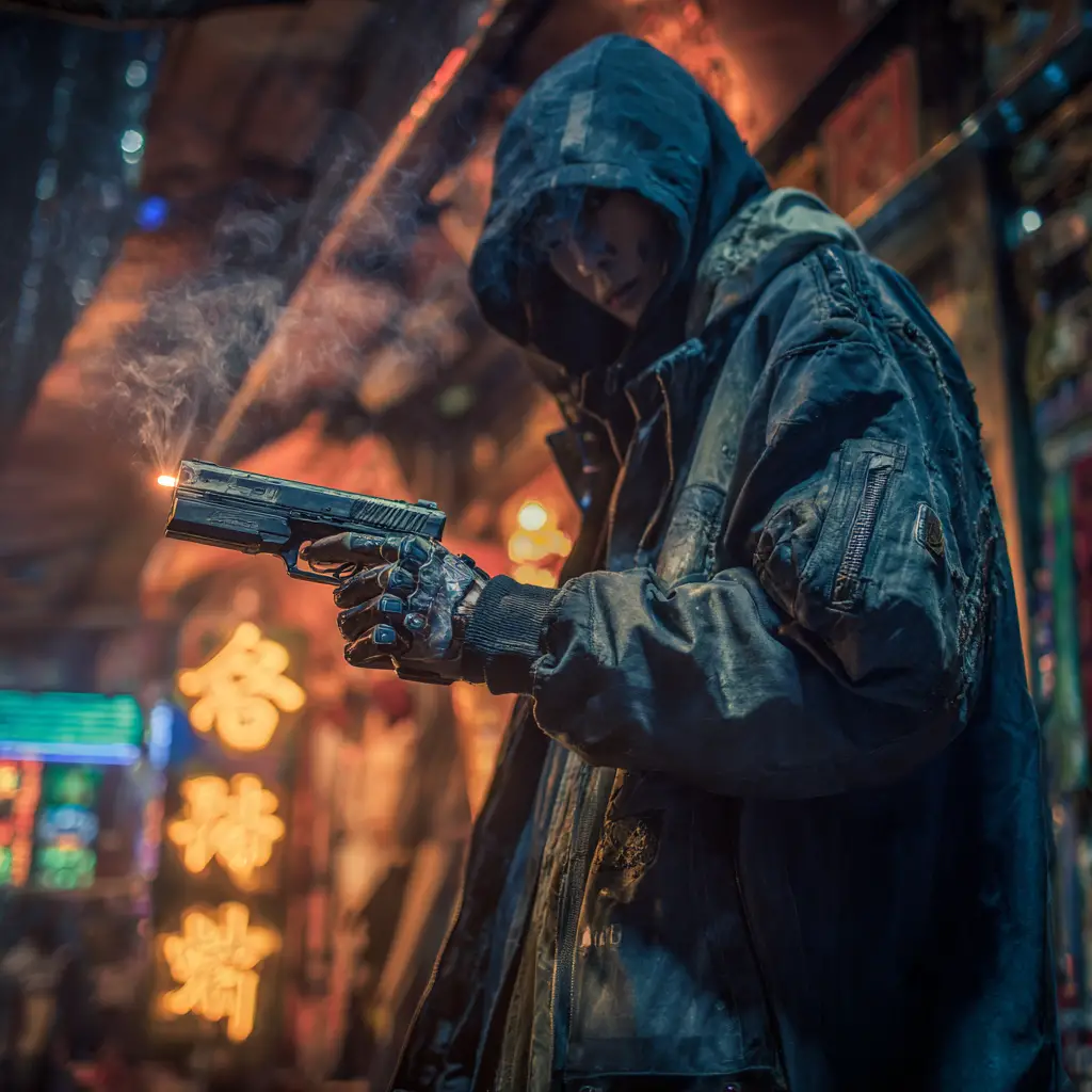 Asian gangsters in a dark futuristic cyberpunk city street