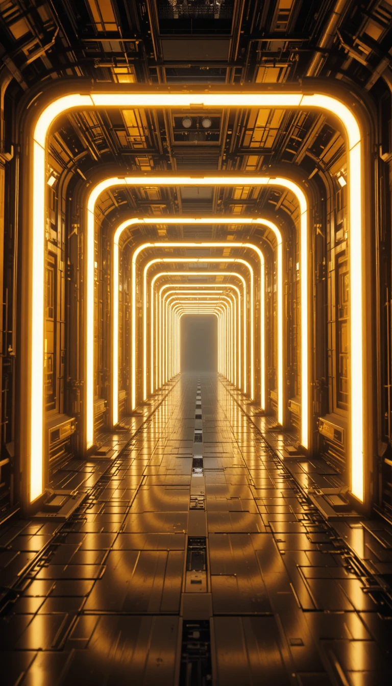 Túnel geométrico brillante de estructuras doradas de ciencia ficción