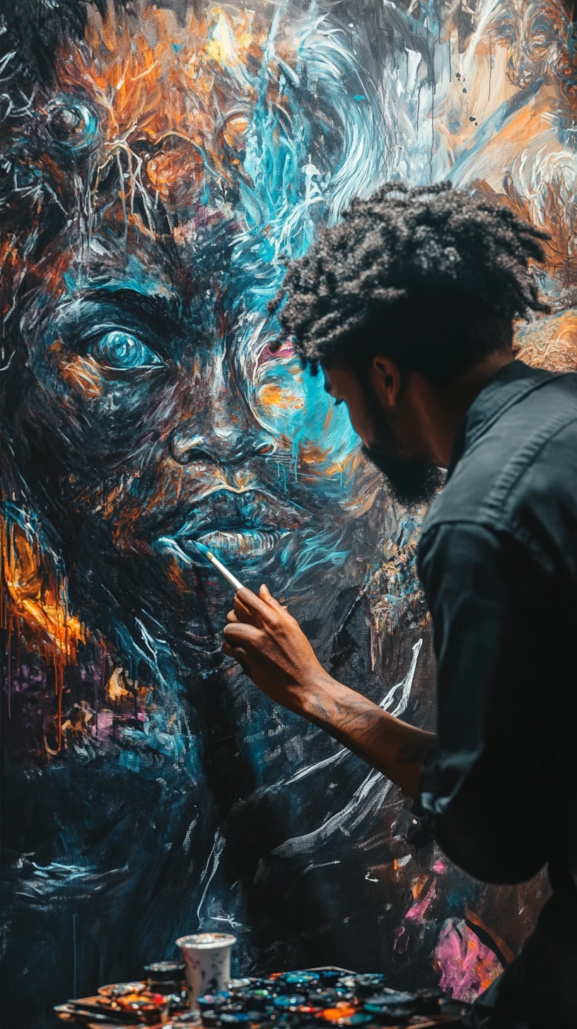 Artista pintando un mural surrealista en una galería futurista