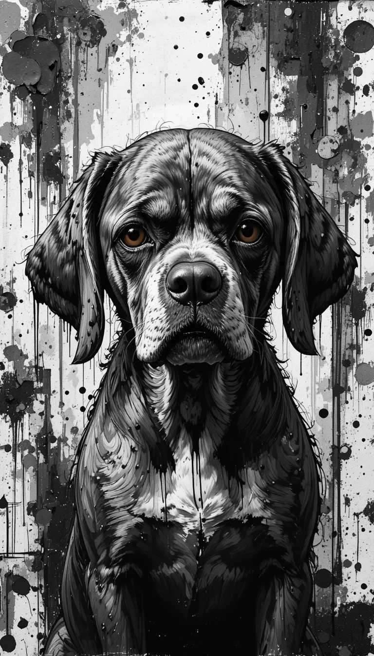 Cão triste de orelhas caídas em pintura digital em preto e branco