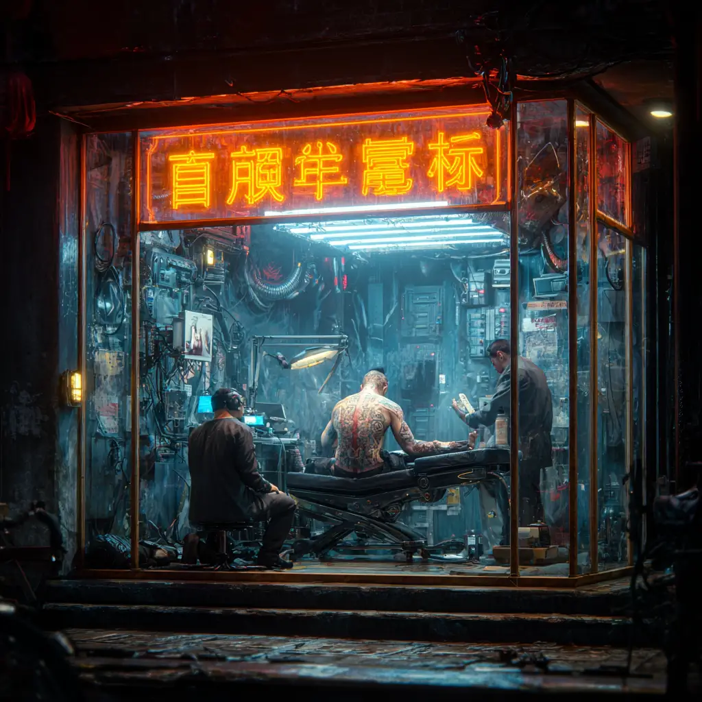 Gangster Tattoo Session In Futuristic Chinese City Studio