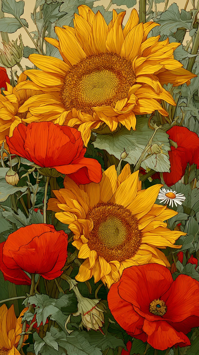 Goldene Sonnenblumen und rote Mohnblumen in zarter botanischer Illustration