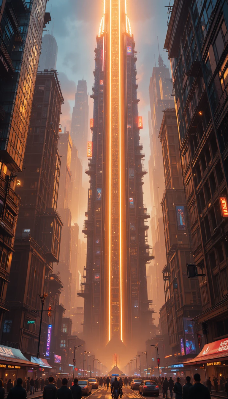 Paesaggio Urbano Futuristico in CGI con Raggi al Neon e Grattacieli