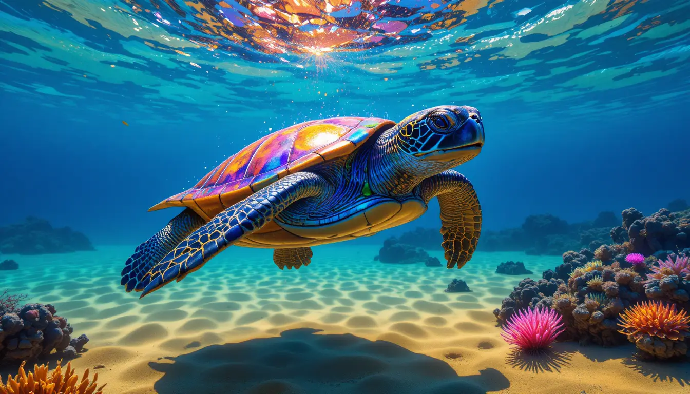 Tortue de mer colorée glissant au-dessus d’un fond océanique lumineux