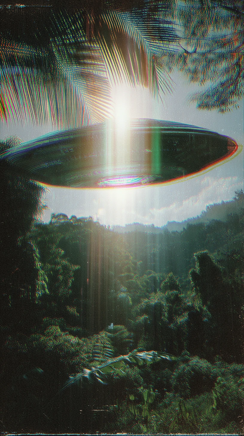Analog photo of a distorted ufo above dense jungle