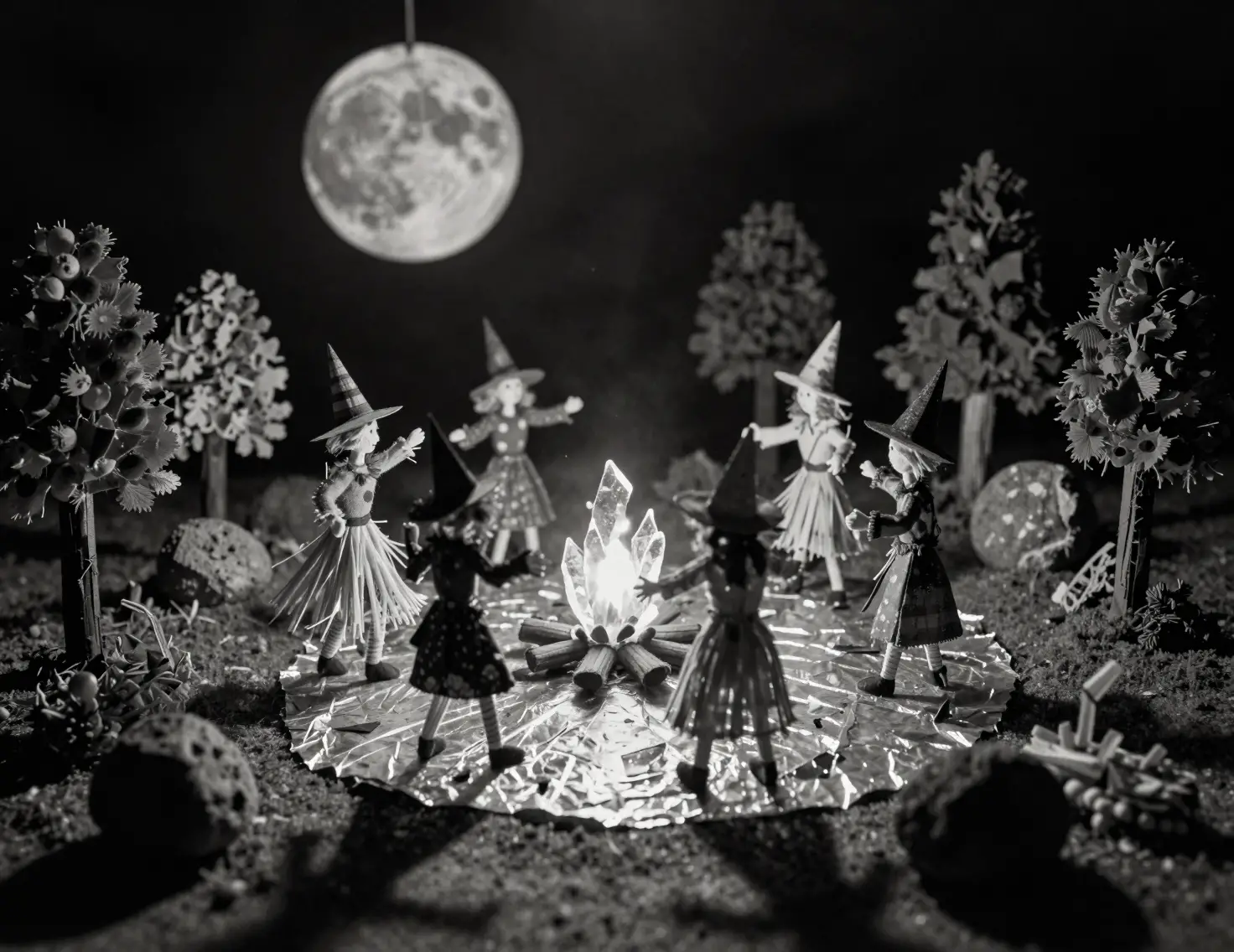 Miniature witch diorama dancing around glowing glass fire