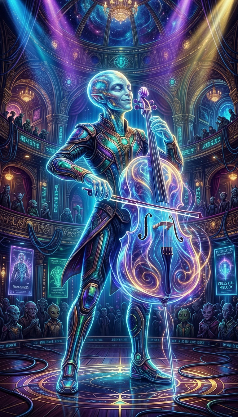 Leuchtender außerirdischer Cellist auf einer surrealen futuristischen Theaterbühne