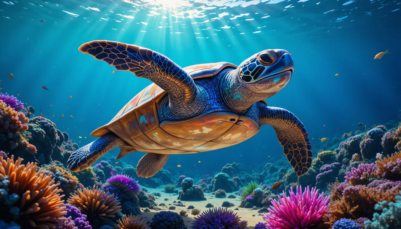 Tortue de mer glissant dans un océan bleu cristal baigné de soleil