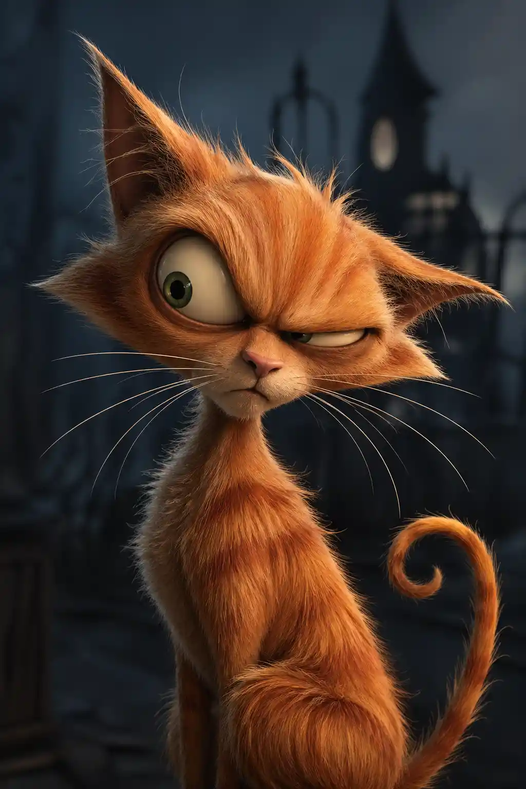 Suspicious ginger cartoon cat with expressive sideways glance