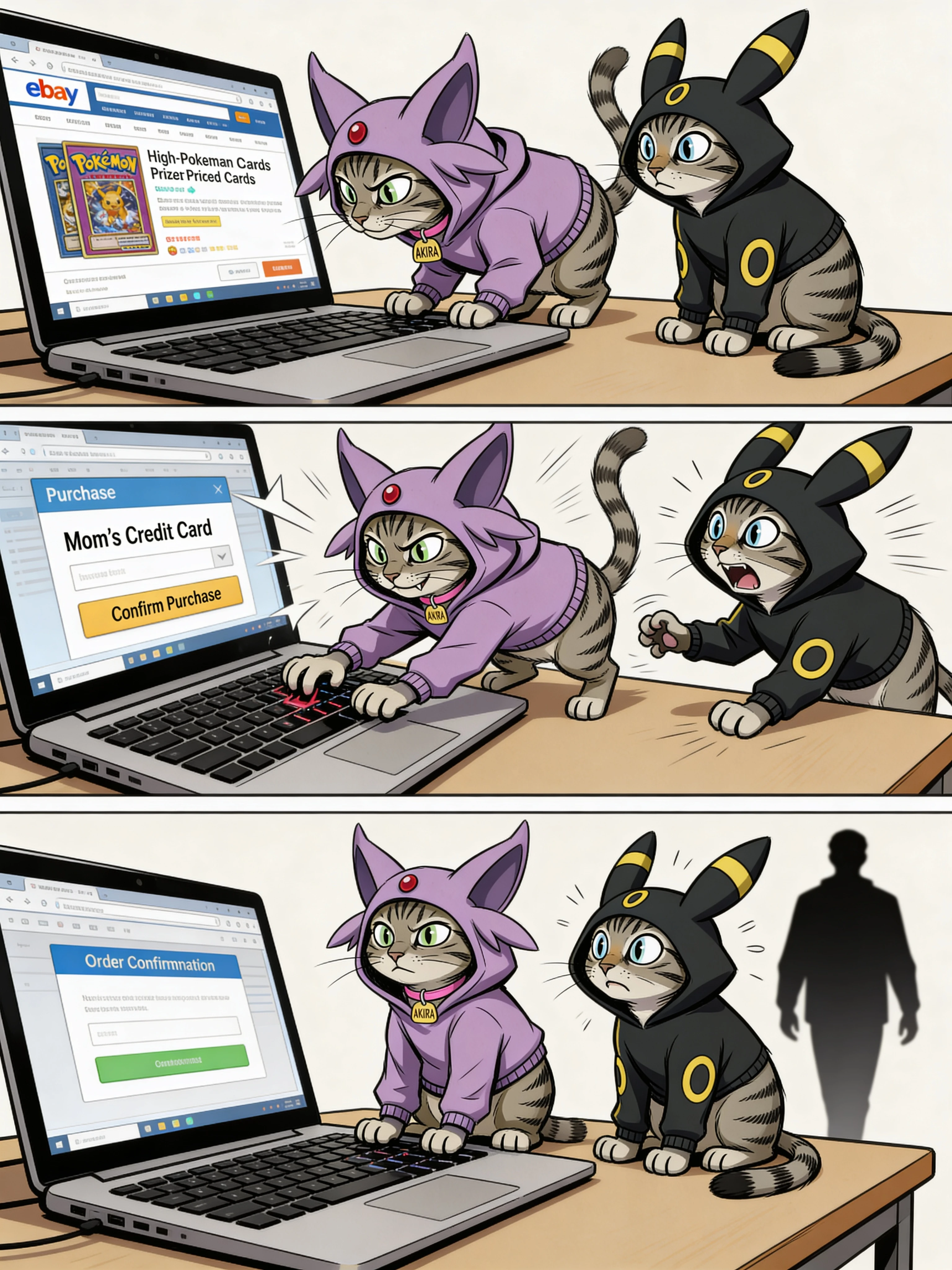 Dois gatos fantasiados comprando cartas raras de Pokémon online