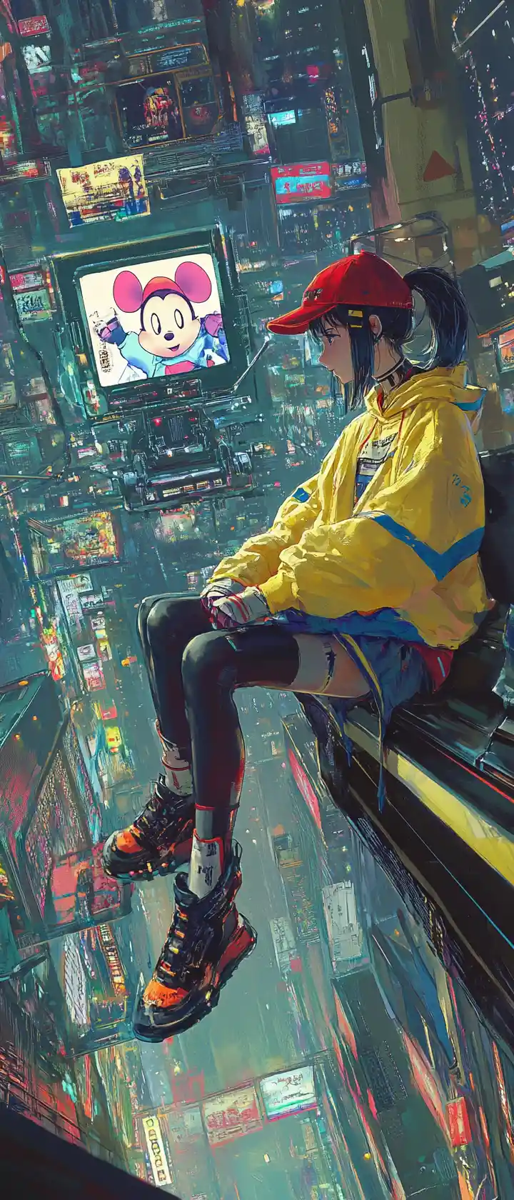 女孩在市集中揮劍對抗幽靈機器人