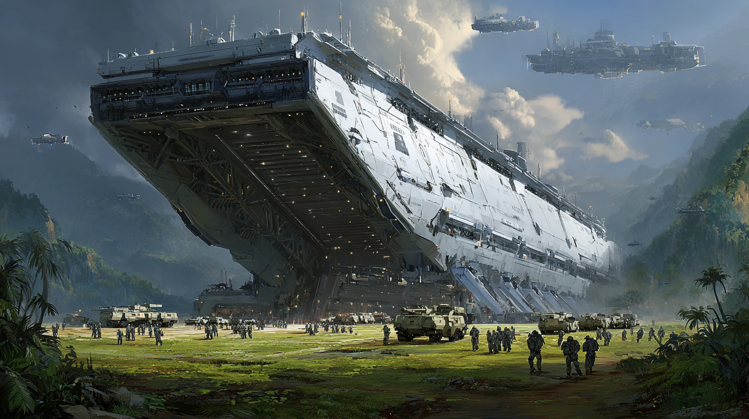 Enorme nave de desembarco sci‑fi descargando tropas en un mundo alienígena
