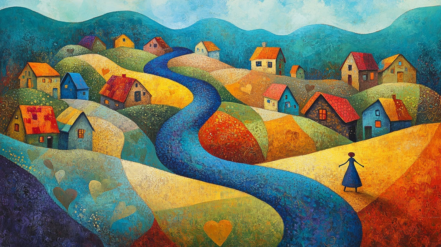 Traveler On Winding Path Through Surreal Folk Landscape
