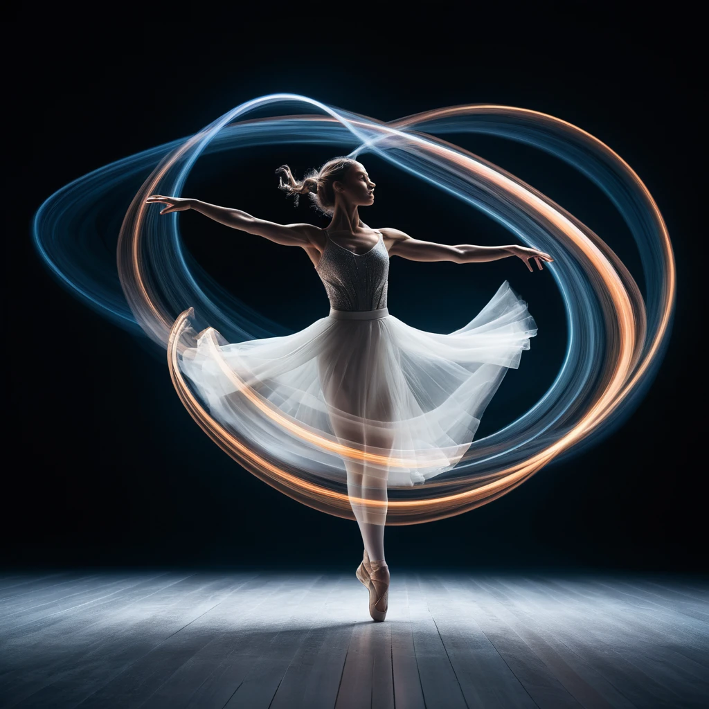 Dancer Wrapped In Ethereal Colorful Light Trails Over Snow