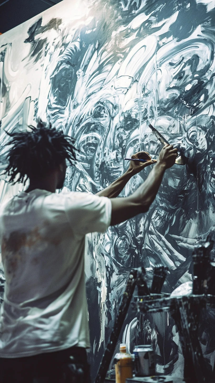 Artista pintando um mural afrofuturista surreal em uma galeria