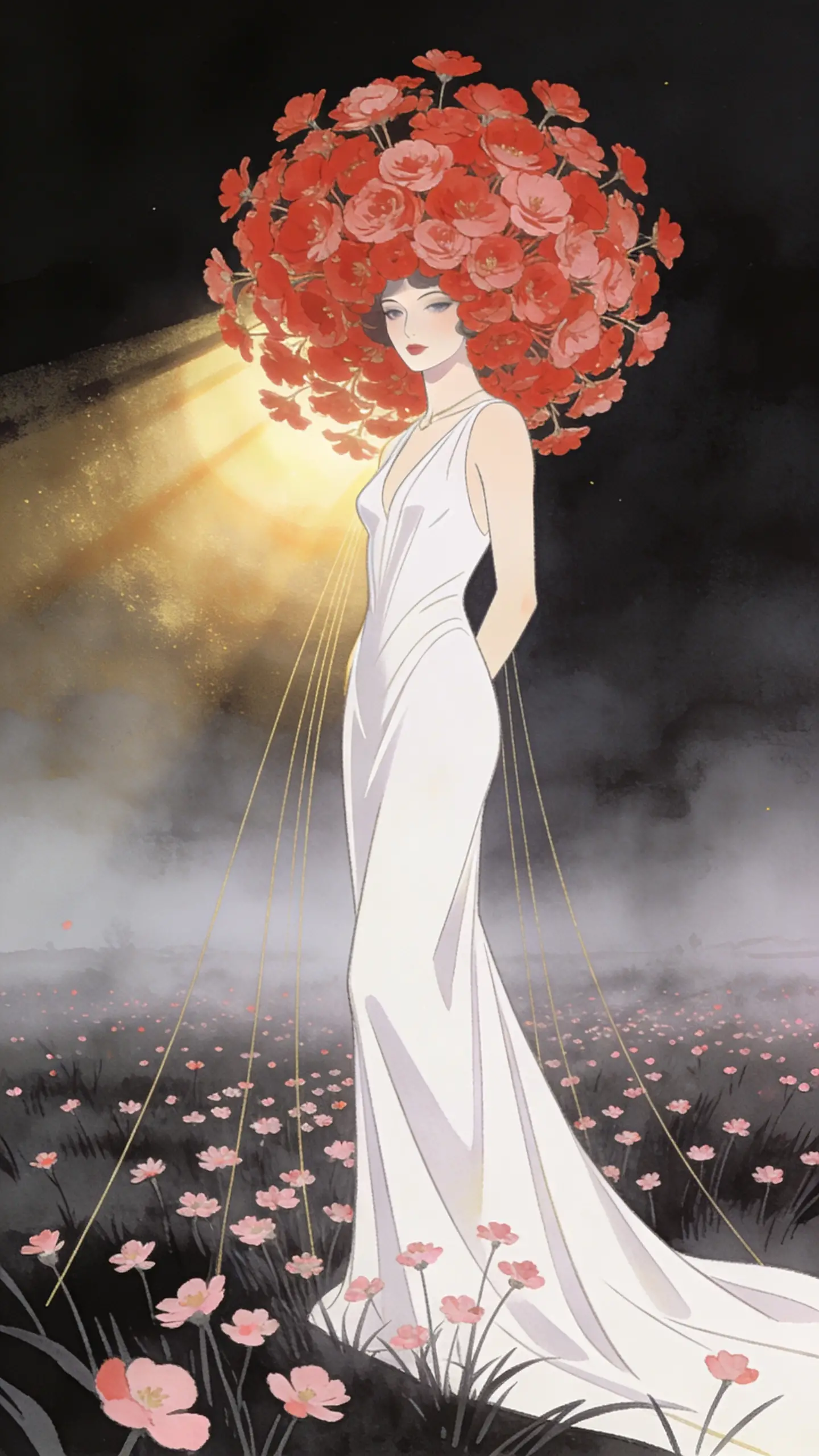 Femme en robe blanche à l’aube sur une prairie brumeuse