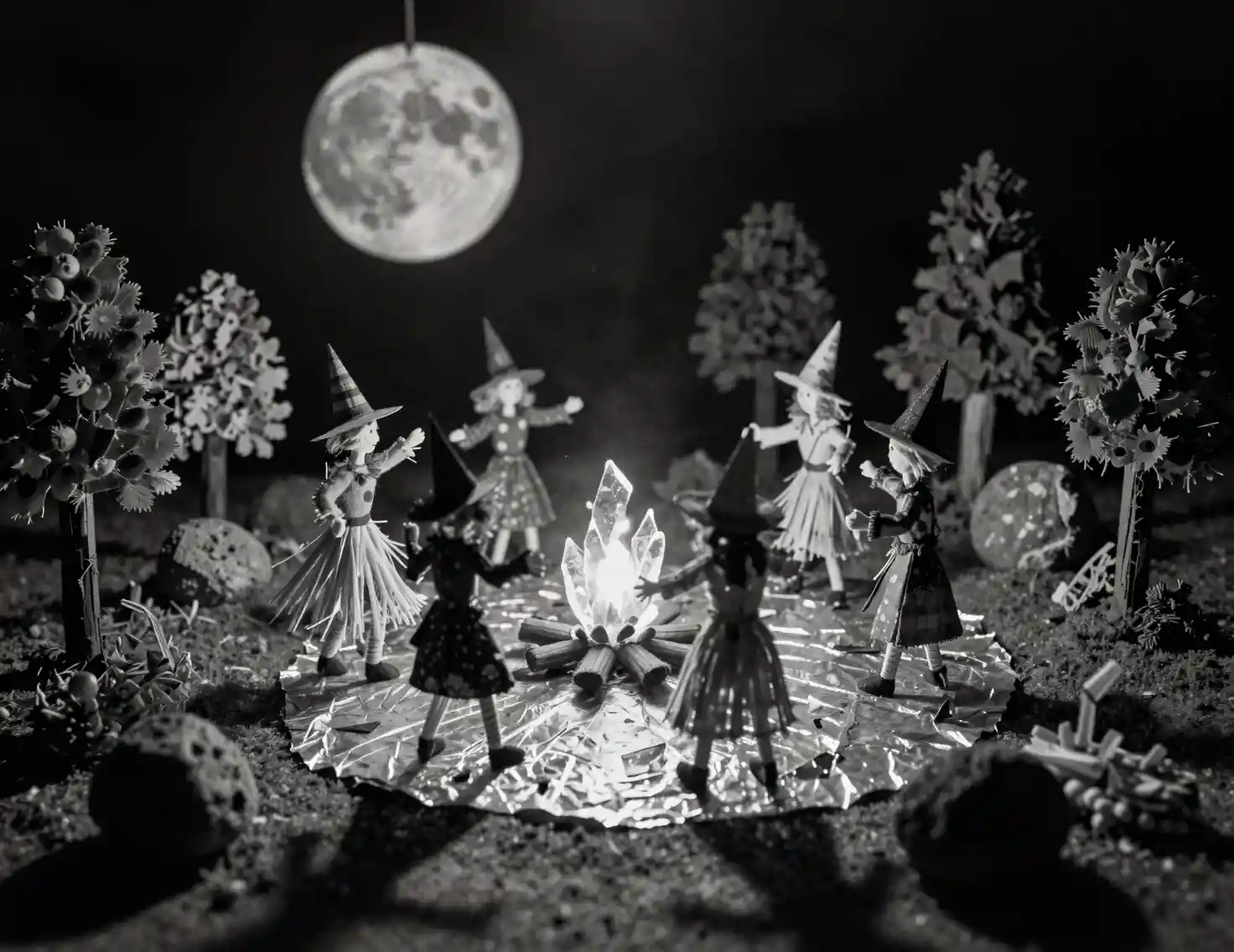 Miniature witch diorama dancing around glowing glass fire