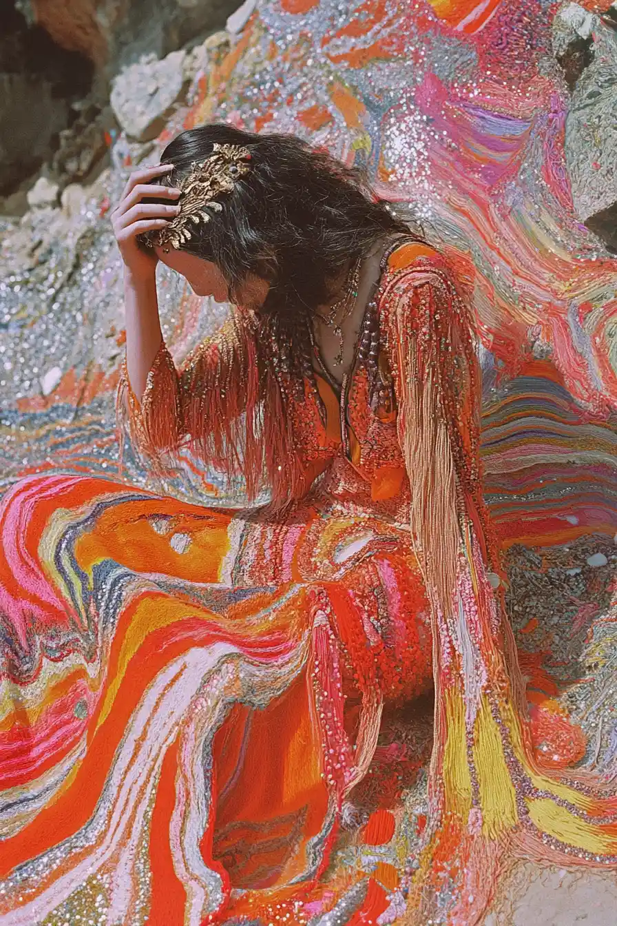 Surreal portrait of joyful bohemian woman in abstract collage