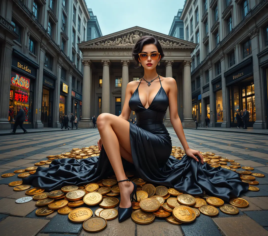 深色質感表面上的金銀硬幣堆