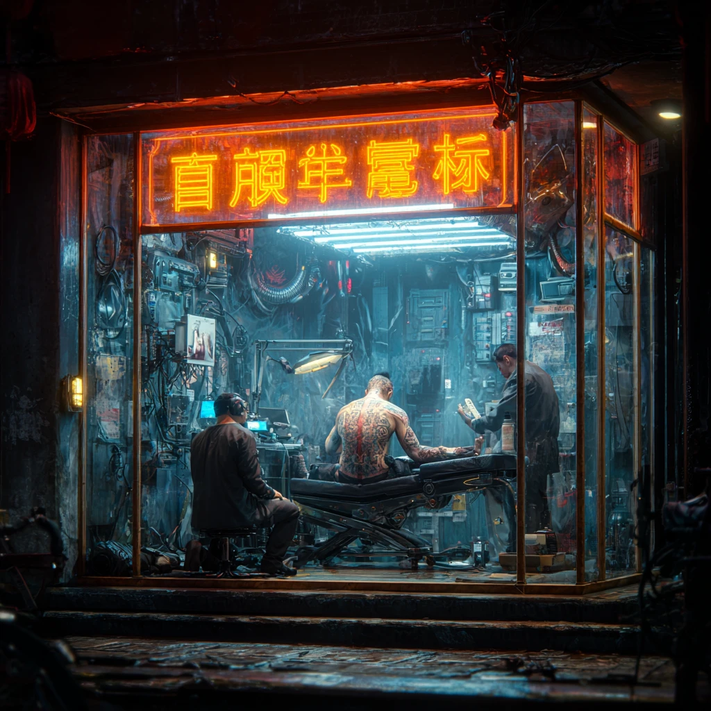 Séance de tatouage de gangster dans un studio de ville chinoise futuriste