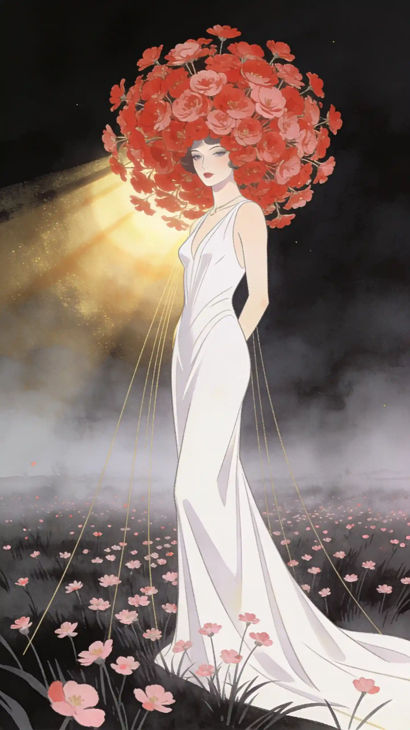 Donna in abito bianco all’alba sulla prateria nebbiosa