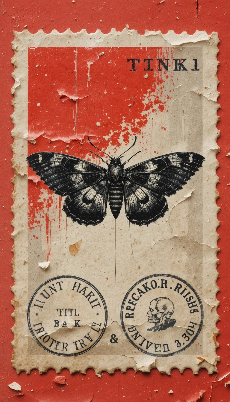 Selo postal vintage com mariposa preta em fundo vermelho