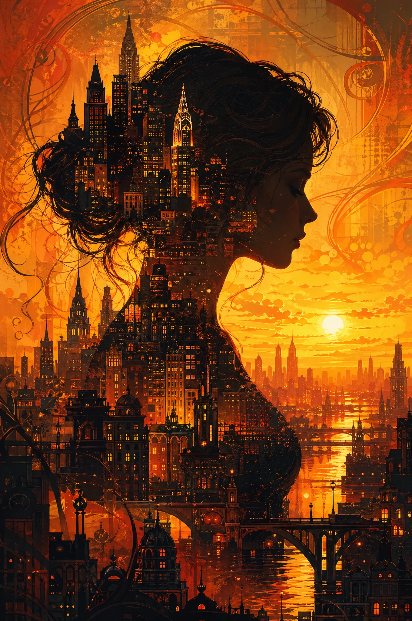 Silhueta de Mulher Fundindo-se com o Horizonte Urbano ao Pôr do Sol