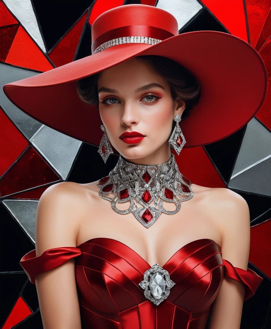 Stained glass style portrait of a lady in red