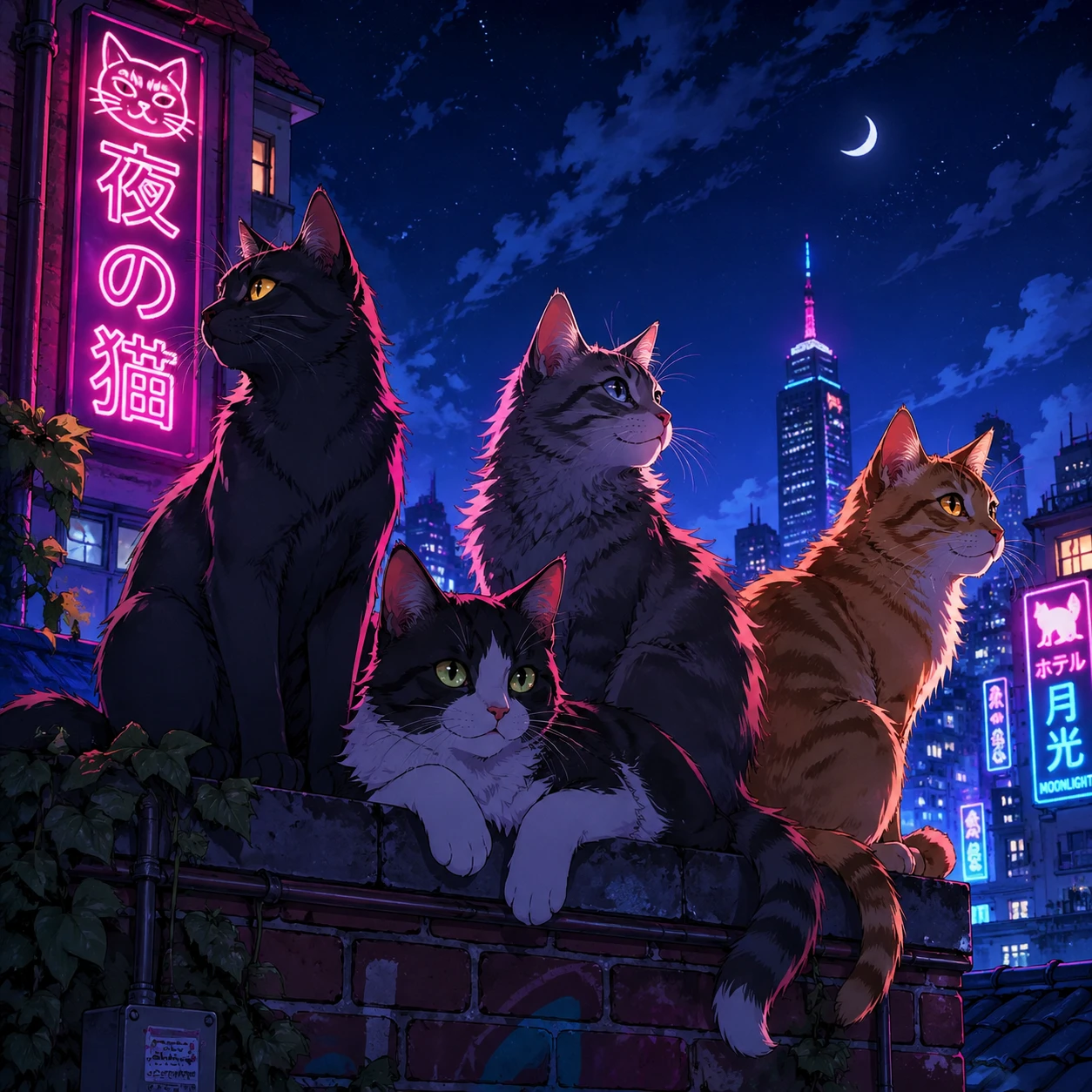 Quattro gatti anime su un muro di mattoni in una città notturna illuminata al neon