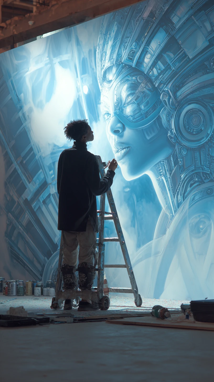 Artista che dipinge un murale afrofuturista surreale in una galleria
