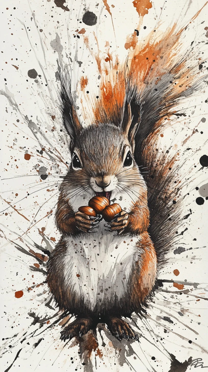 Esquilo em aquarela agarrando bolotas com pelagem selvagem e expressiva