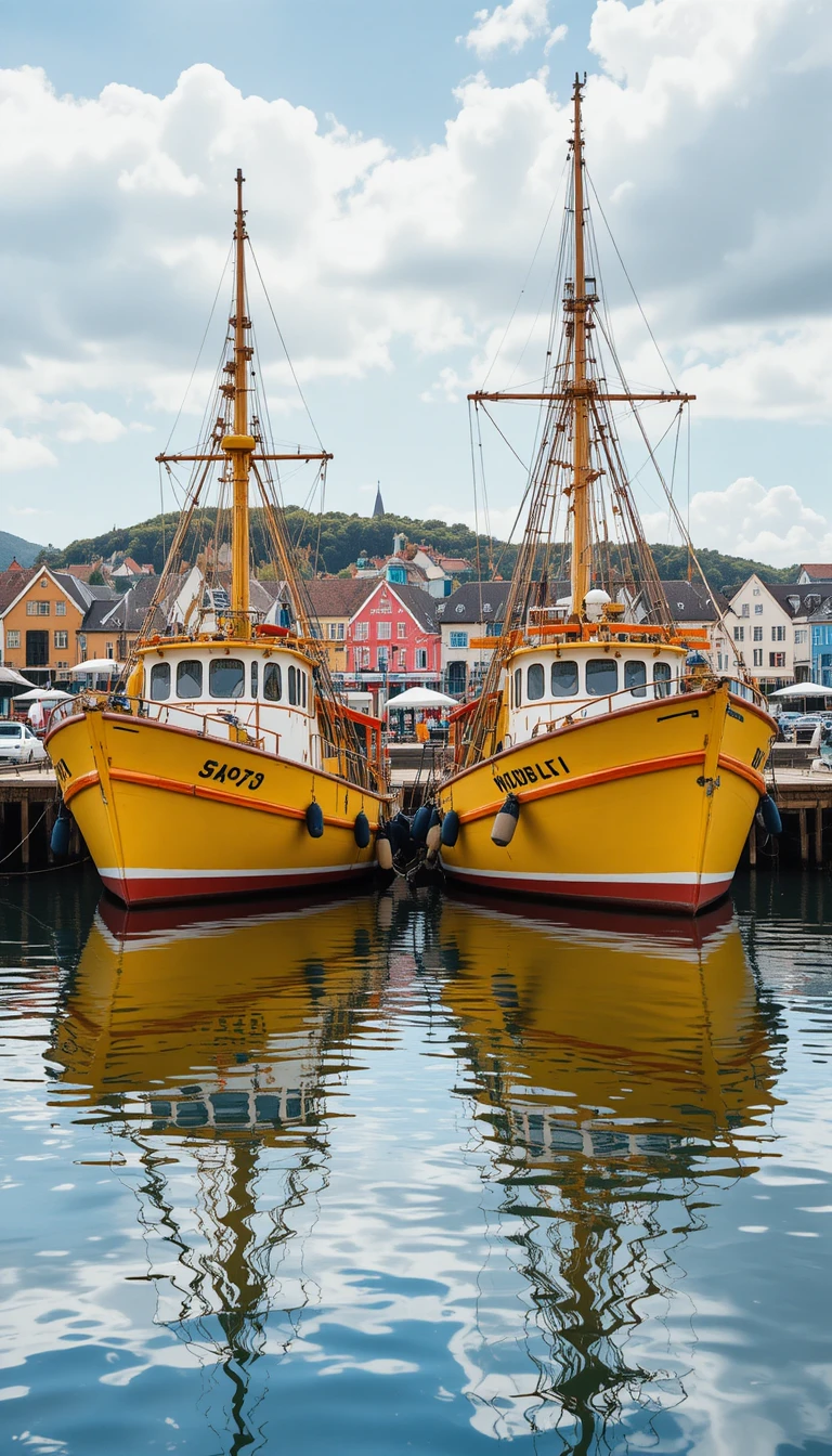 Barcos de pesca coloridos descansando em um porto calmo