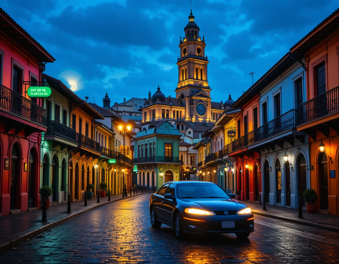 Rua histórica colorida ao anoitecer com reflexos molhados