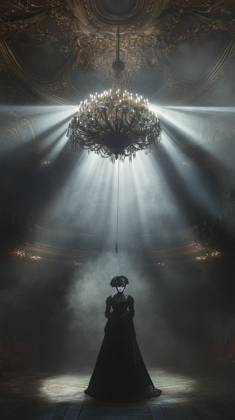Masked figure beneath chandelier in opulent gothic theater