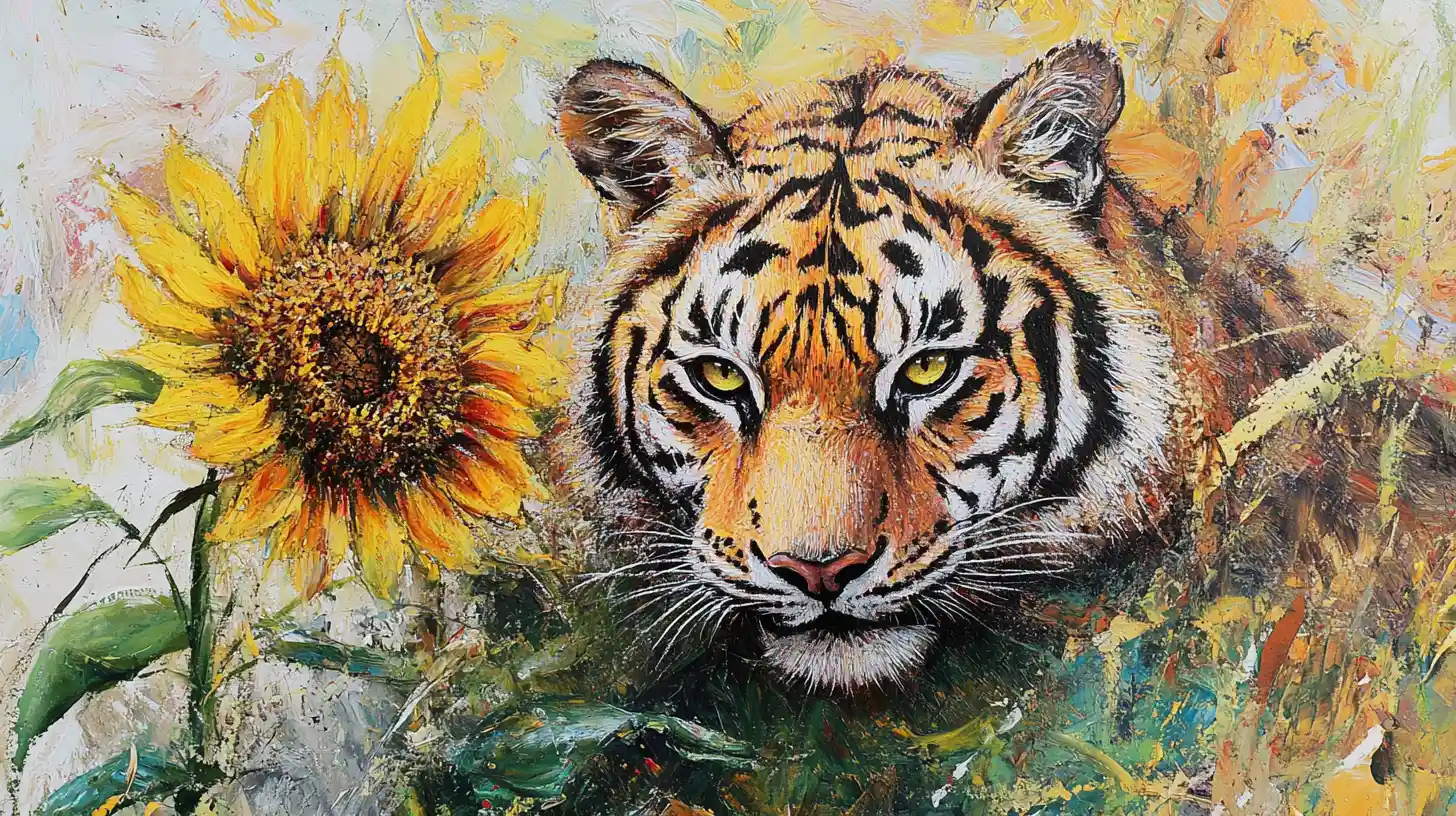 Sunflower tiger cat emerging with intense forward gaze