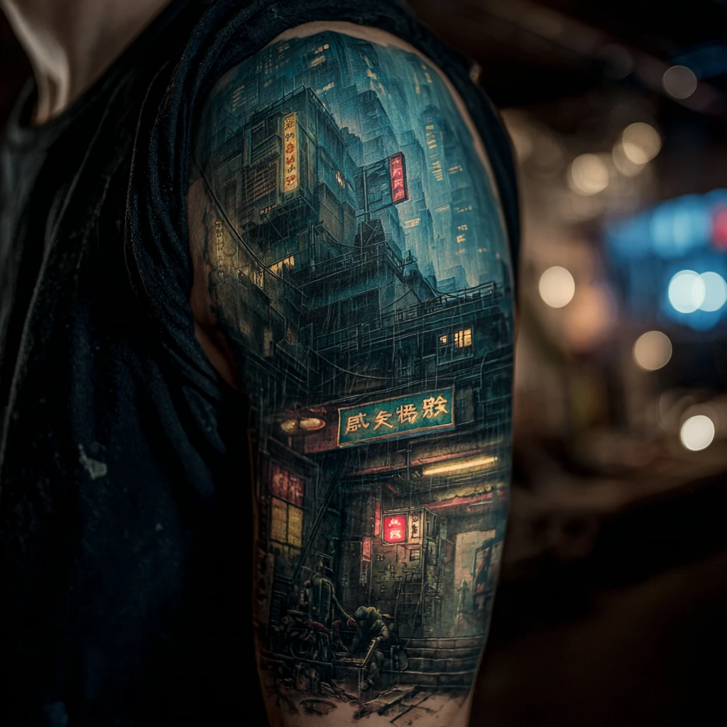 Gangster bekommt ein Tattoo in einem dunklen Tattoo-Studio