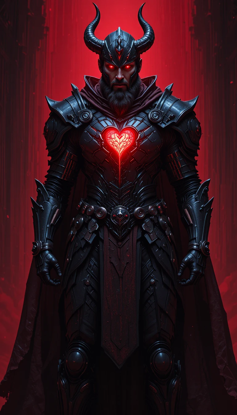 Caballero acorazado con corazón rojo brillante en escena de fantasía oscura