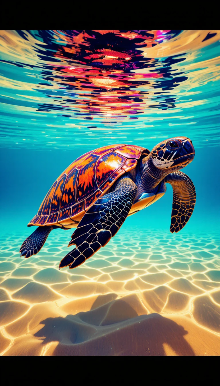Tortuga colorida nadando sobre un lecho de arena dorada