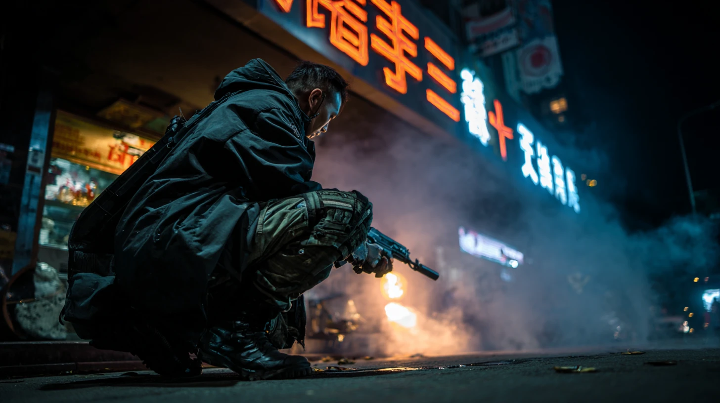 Gangsters asiatiques avec armes cybernétiques dans des rues futuristes