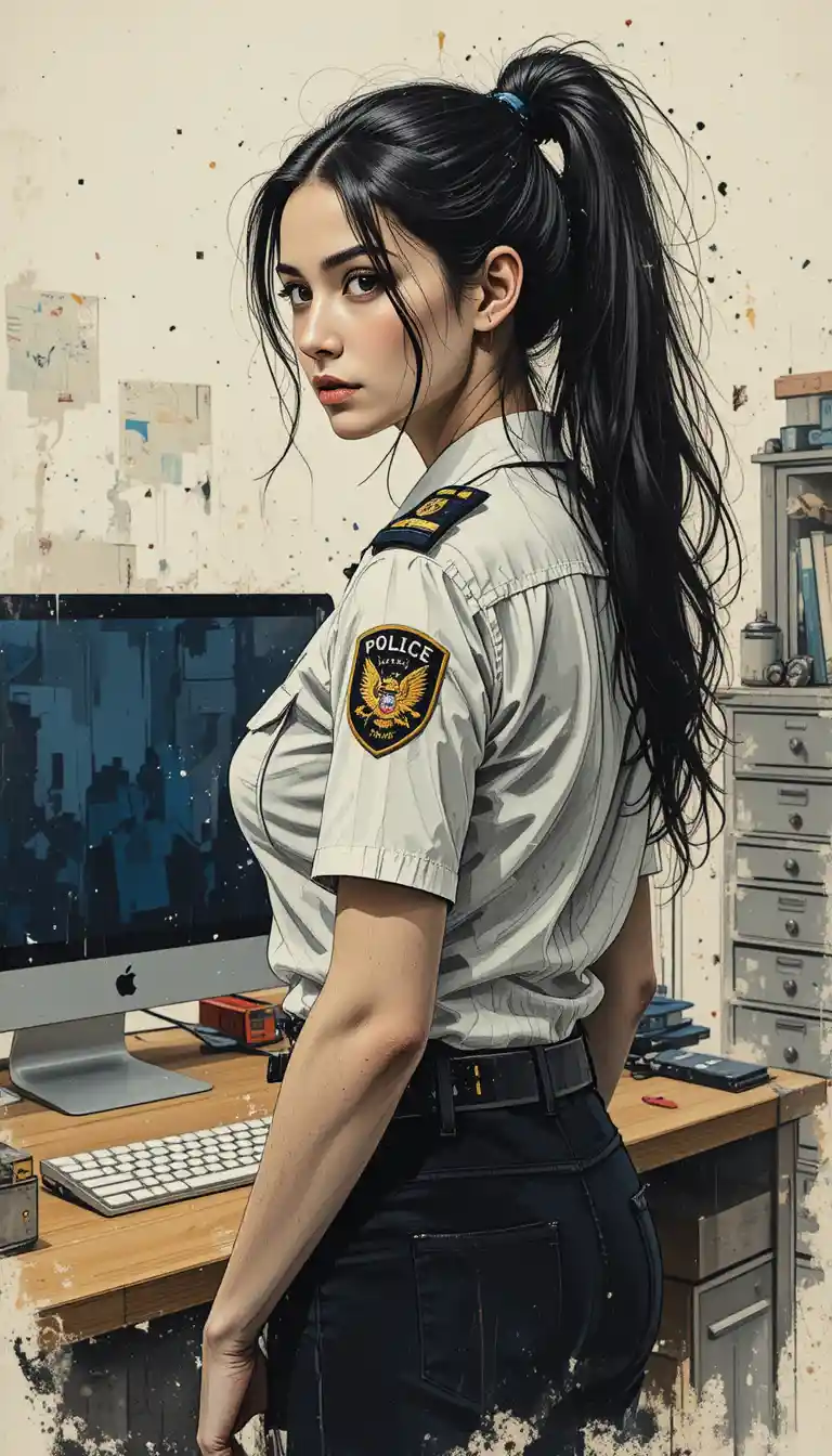 オフィスの机のそばに立つイタリア人女性警察官