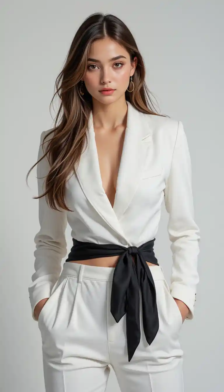 Donna sicura di sé in tailleur bianco in studio minimalista