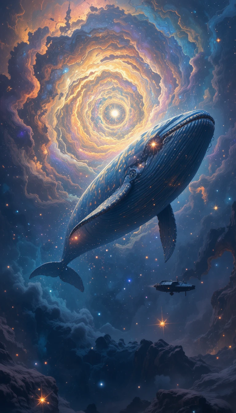 Baleia cósmica vagando por um espaço cheio de nebulosas brilhantes