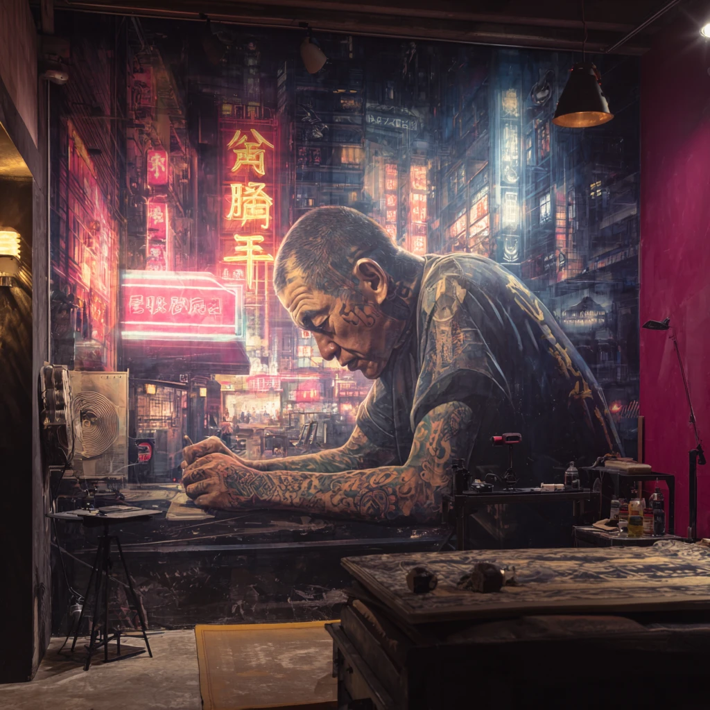 Gangster se Faisant Tatouer dans un Studio de Tatouage Chinois Futuriste