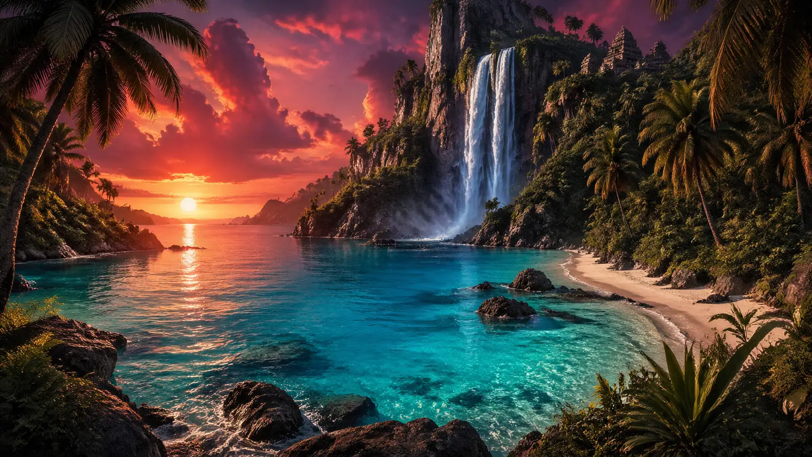超現實幻想海灣：夕陽瀑布與棕櫚樹