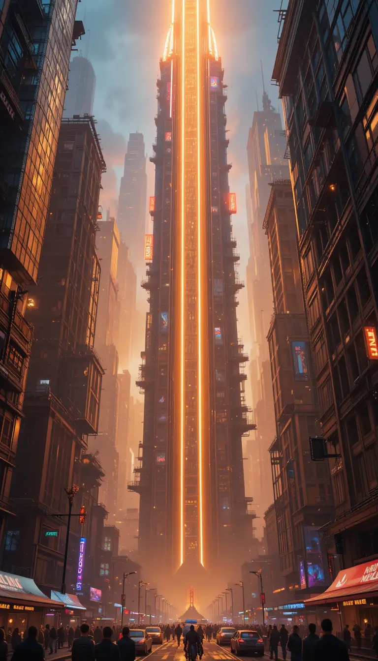 Futuristic CGI Cityscape With Neon Light Beams And Skyscrapers