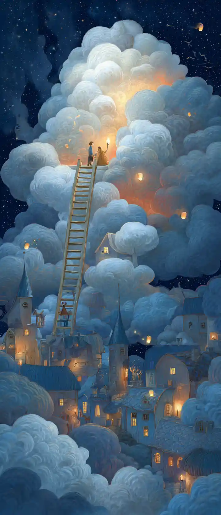 Friendly cloud giant with animals climbing golden ladder