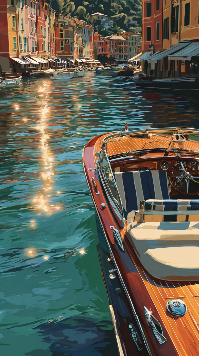 Motorboot im Hafen von Portofino zur Goldenen Stunde – digitales Gemälde