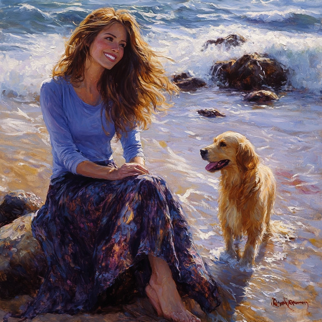 Mulher em costa rochosa com cachorro em pintura de praia em impasto
