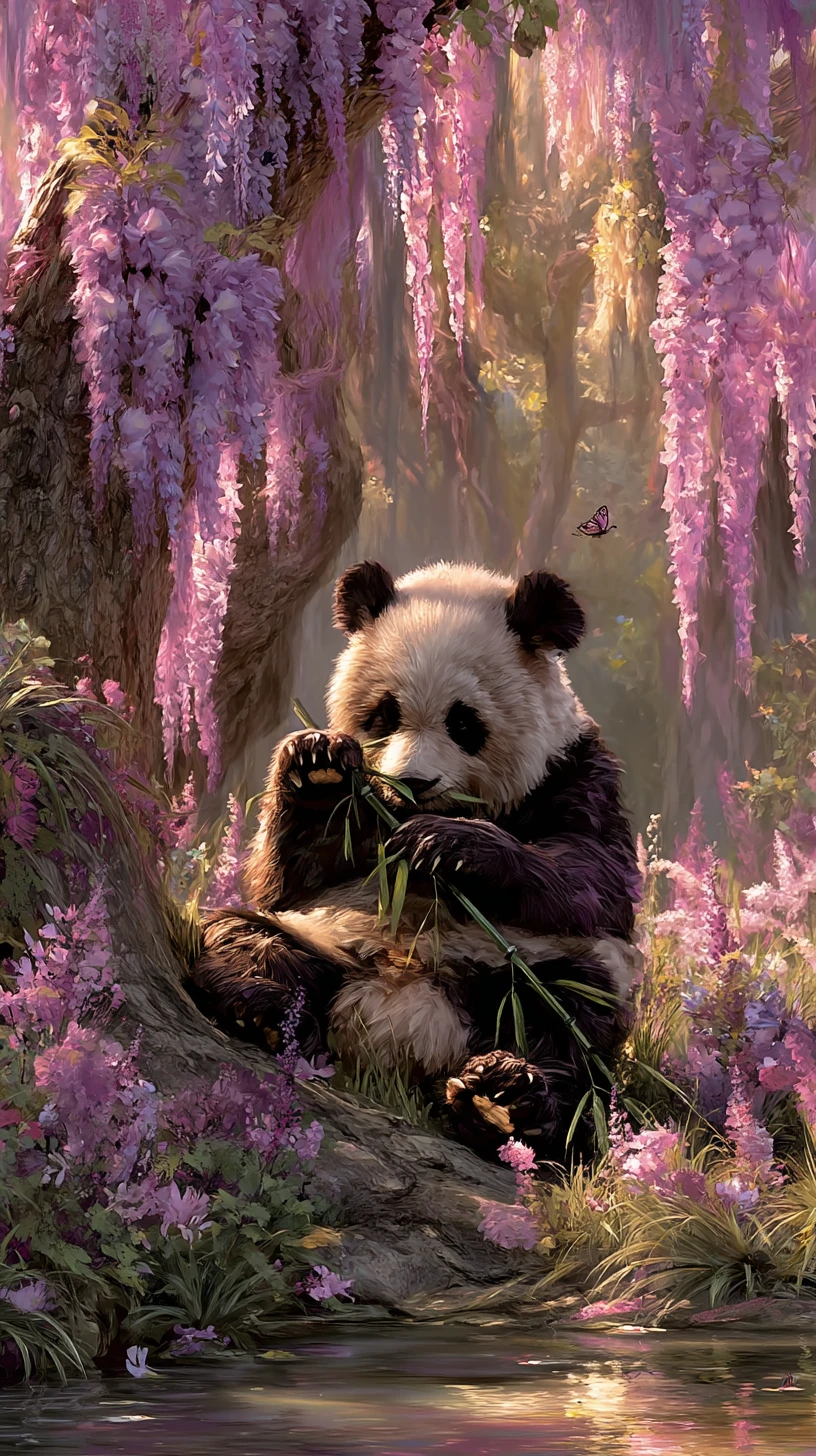 Panda frisst Bambus unter einem blühenden Sommerbaum