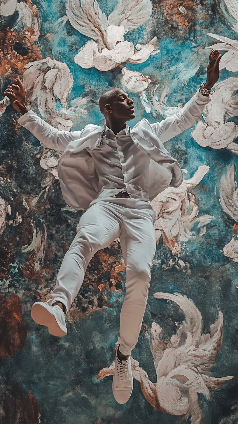Bald black man leaping from a surreal life sized mural